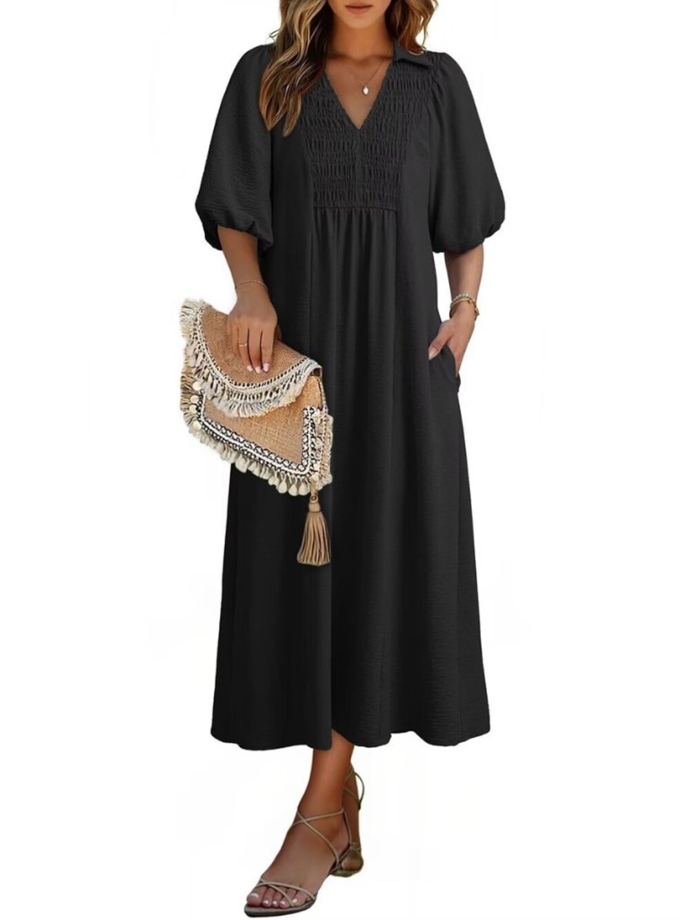 Summer Dresses for Women 2026 Casual Dresses V Neck Puff Sleeve Empire Waist